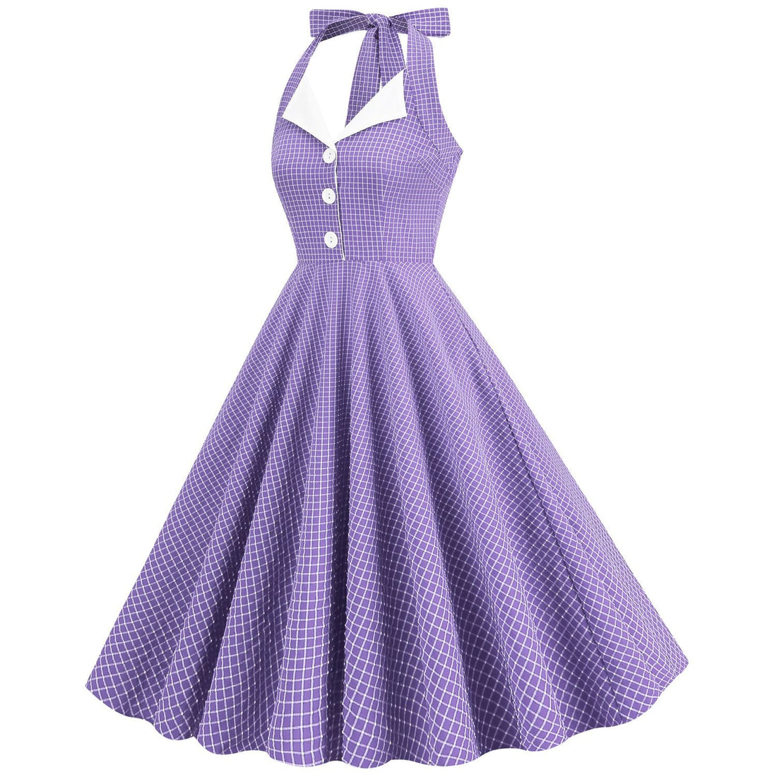 Women 50s Vintage Polka Dot Halter Cocktail Swing Dress Buttons Dress Purple