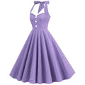 Women 50s Vintage Polka Dot Halter Cocktail Swing Dress Buttons Dress Purple