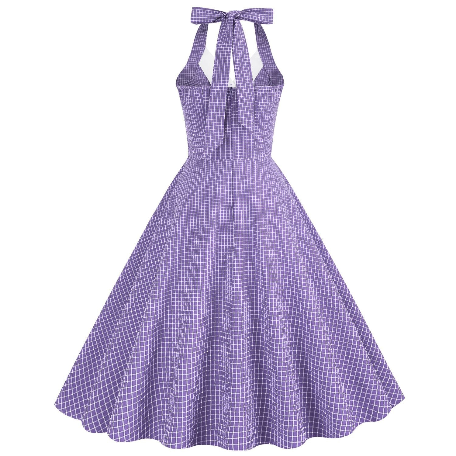 Women 50s Vintage Polka Dot Halter Cocktail Swing Dress Buttons Dress Purple