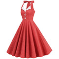 Women 50s Vintage Polka Dot Halter Cocktail Swing Dress Buttons Dress Red