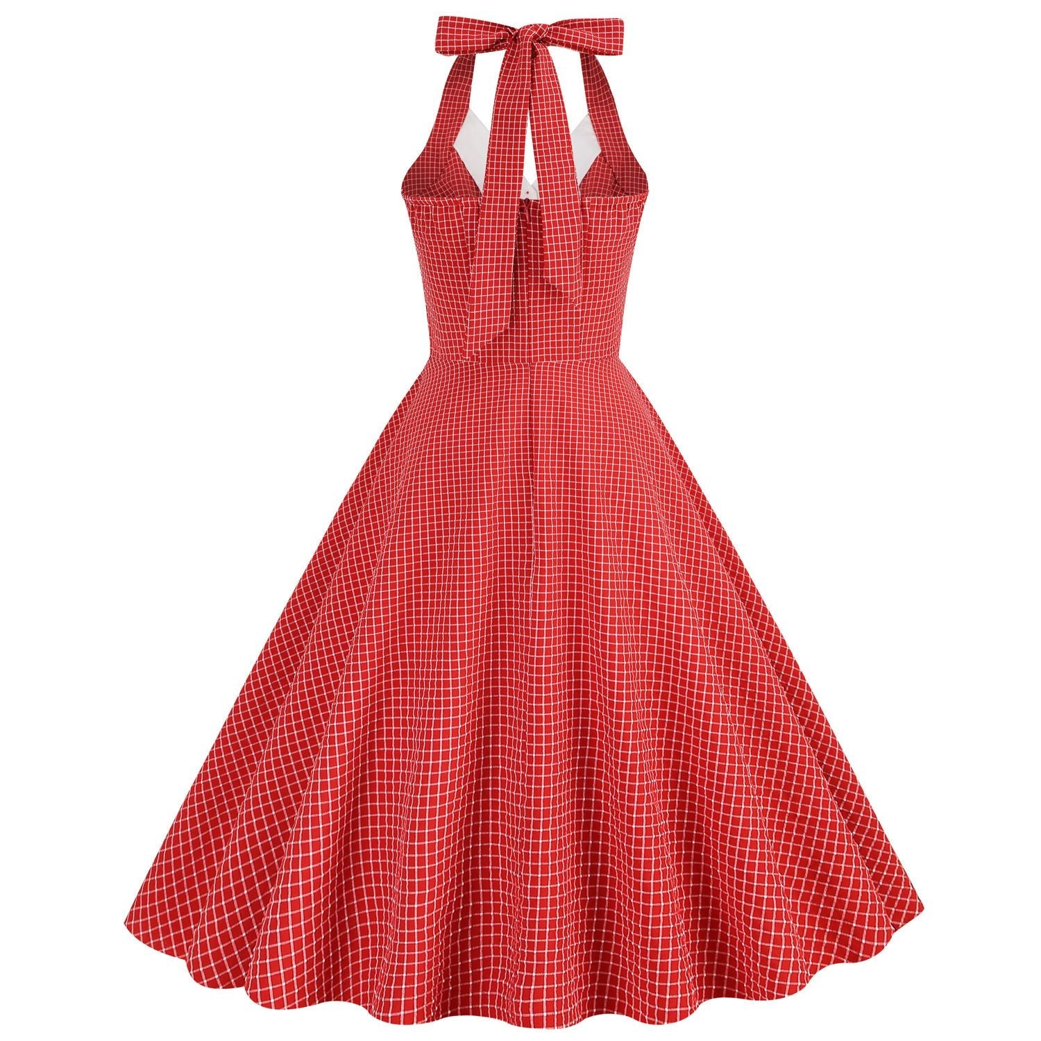 Women 50s Vintage Polka Dot Halter Cocktail Swing Dress Buttons Dress Red