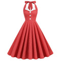 Women 50s Vintage Polka Dot Halter Cocktail Swing Dress Buttons Dress Red