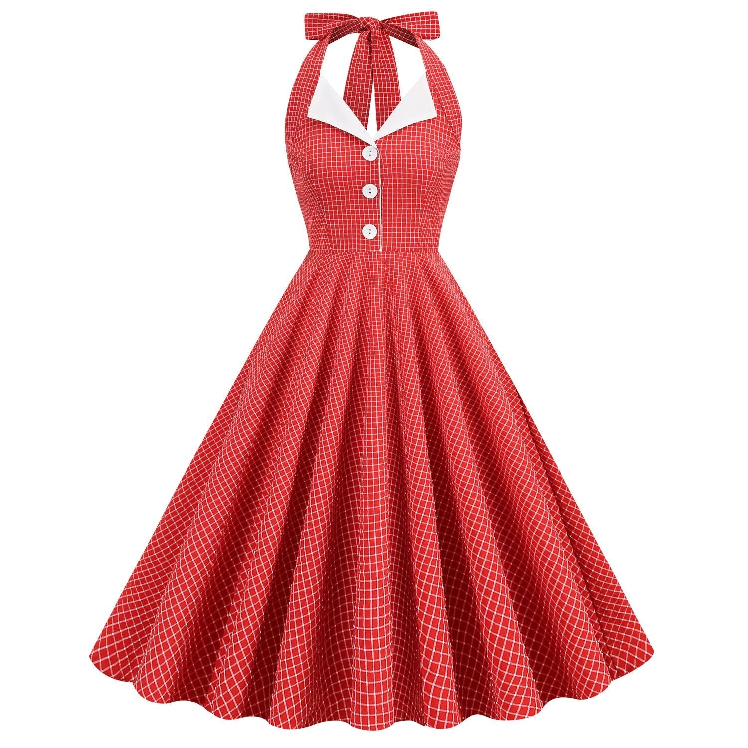 Women 50s Vintage Polka Dot Halter Cocktail Swing Dress Buttons Dress Red