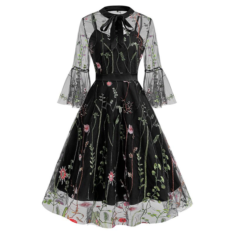 Women Bell Sleeves Bowtie Full Mesh Two Piece Vintage Cocktail Dress Black