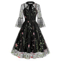Women Bell Sleeves Bowtie Full Mesh Two Piece Vintage Cocktail Dress Black