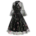 Women Bell Sleeves Bowtie Full Mesh Two Piece Vintage Cocktail Dress Black
