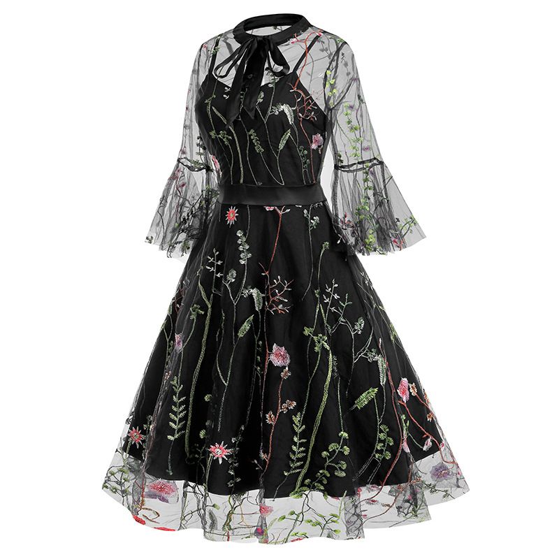Women Bell Sleeves Bowtie Full Mesh Two Piece Vintage Cocktail Dress Black