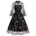 Women Bell Sleeves Bowtie Full Mesh Two Piece Vintage Cocktail Dress Black