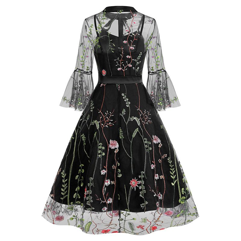 Women Bell Sleeves Bowtie Full Mesh Two Piece Vintage Cocktail Dress Black