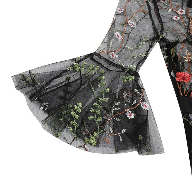Women Bell Sleeves Bowtie Full Mesh Two Piece Vintage Cocktail Dress Black
