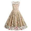 Women Casual Sleeveless Embroidery Mesh Floral Print Maxi Long Dress Beige