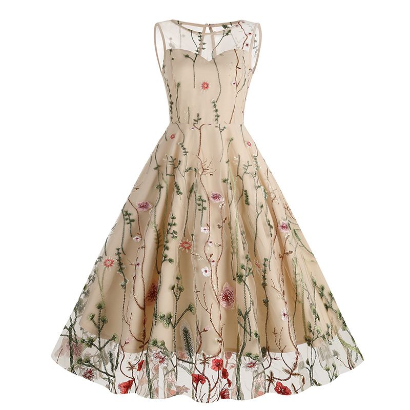 Women Casual Sleeveless Embroidery Mesh Floral Print Maxi Long Dress Beige
