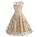 Women Casual Sleeveless Embroidery Mesh Floral Print Maxi Long Dress Beige