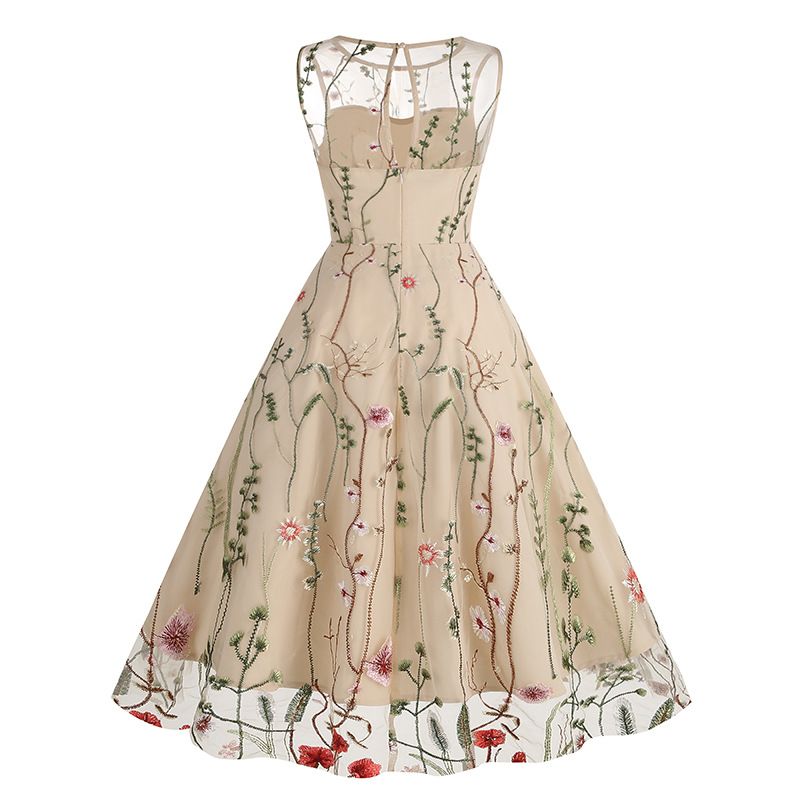 Women Casual Sleeveless Embroidery Mesh Floral Print Maxi Long Dress Beige