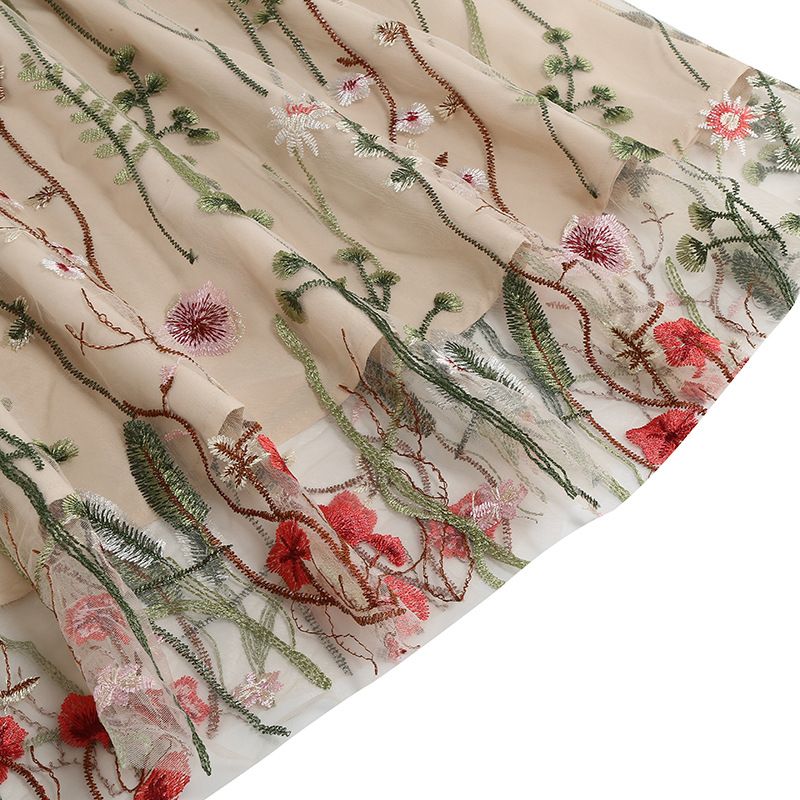 Women Casual Sleeveless Embroidery Mesh Floral Print Maxi Long Dress Beige