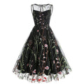 Women Casual Sleeveless Embroidery Mesh Floral Print Maxi Long Dress Black