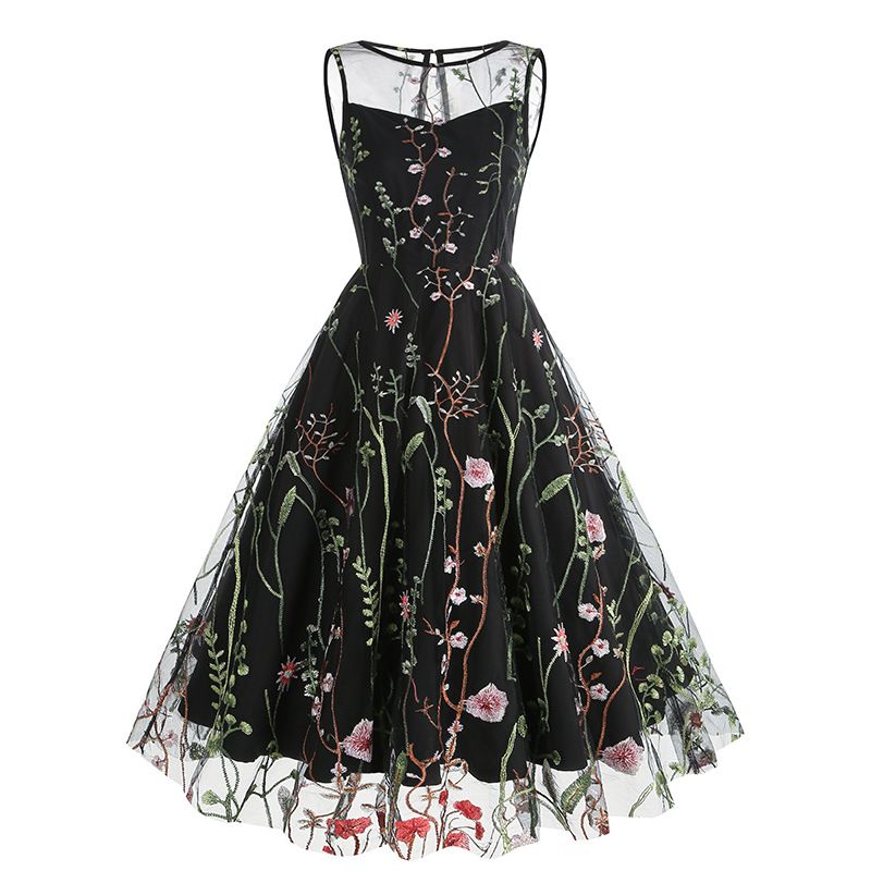 Women Casual Sleeveless Embroidery Mesh Floral Print Maxi Long Dress Black