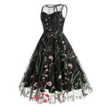 Women Casual Sleeveless Embroidery Mesh Floral Print Maxi Long Dress Black