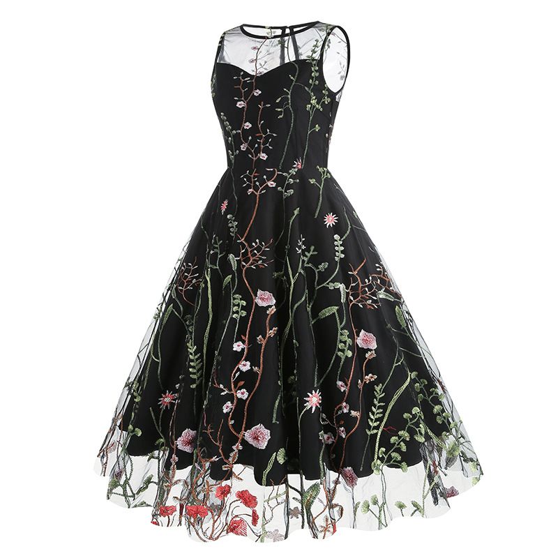 Women Casual Sleeveless Embroidery Mesh Floral Print Maxi Long Dress Black