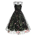 Women Casual Sleeveless Embroidery Mesh Floral Print Maxi Long Dress Black