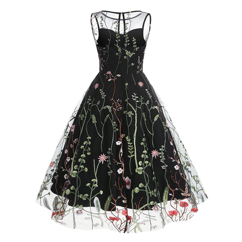 Women Casual Sleeveless Embroidery Mesh Floral Print Maxi Long Dress Black