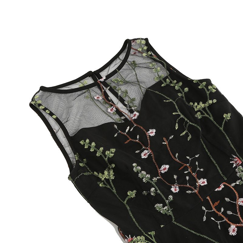 Women Casual Sleeveless Embroidery Mesh Floral Print Maxi Long Dress Black