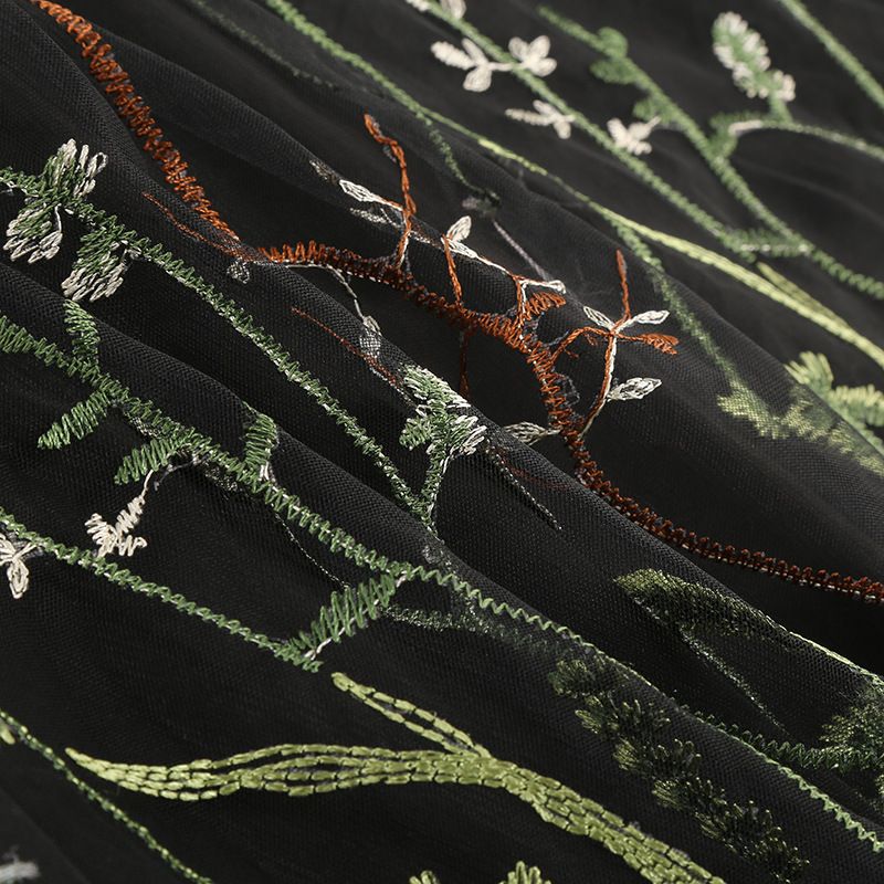 Women Casual Sleeveless Embroidery Mesh Floral Print Maxi Long Dress Black