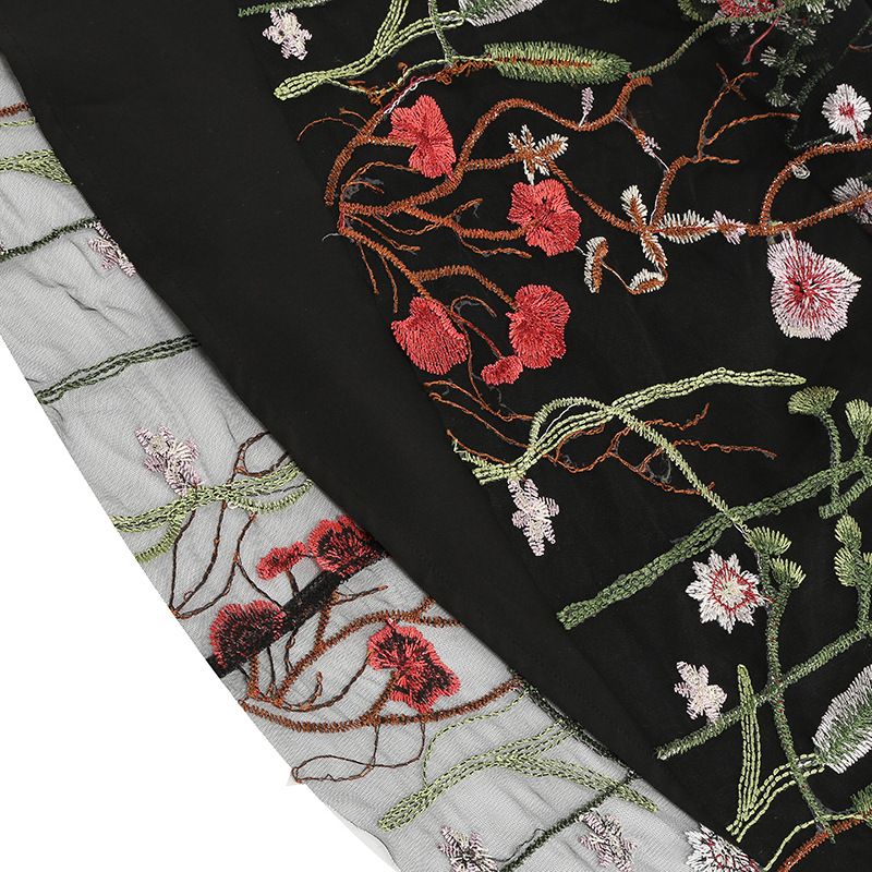 Women Casual Sleeveless Embroidery Mesh Floral Print Maxi Long Dress Black
