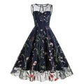 Women Casual Sleeveless Embroidery Mesh Floral Print Maxi Long Dress Navy