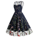 Women Casual Sleeveless Embroidery Mesh Floral Print Maxi Long Dress Navy