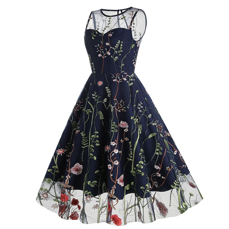 Women Casual Sleeveless Embroidery Mesh Floral Print Maxi Long Dress Navy
