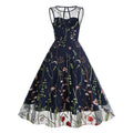 Women Casual Sleeveless Embroidery Mesh Floral Print Maxi Long Dress Navy