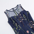 Women Casual Sleeveless Embroidery Mesh Floral Print Maxi Long Dress Navy