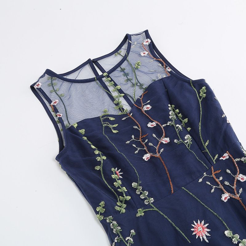 Women Casual Sleeveless Embroidery Mesh Floral Print Maxi Long Dress Navy