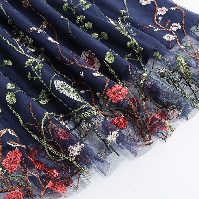 Women Casual Sleeveless Embroidery Mesh Floral Print Maxi Long Dress Navy
