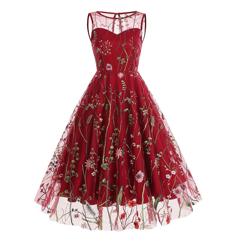 Women Casual Sleeveless Embroidery Mesh Floral Print Maxi Long Dress Red