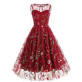 Women Casual Sleeveless Embroidery Mesh Floral Print Maxi Long Dress Red
