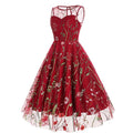 Women Casual Sleeveless Embroidery Mesh Floral Print Maxi Long Dress Red