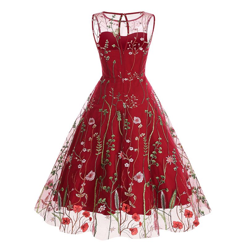 Women Casual Sleeveless Embroidery Mesh Floral Print Maxi Long Dress Red