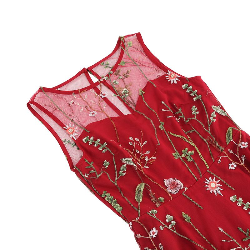 Women Casual Sleeveless Embroidery Mesh Floral Print Maxi Long Dress Red