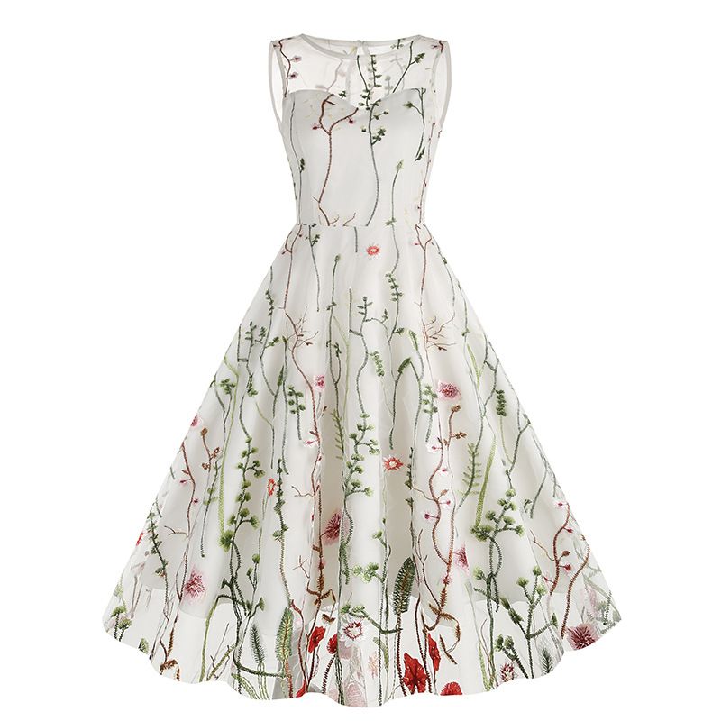 Women Casual Sleeveless Embroidery Mesh Floral Print Maxi Long Dress White