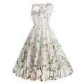 Women Casual Sleeveless Embroidery Mesh Floral Print Maxi Long Dress White
