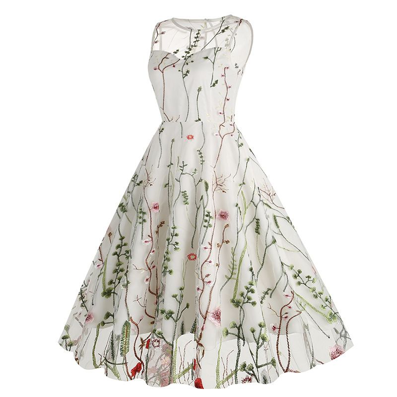 Women Casual Sleeveless Embroidery Mesh Floral Print Maxi Long Dress White