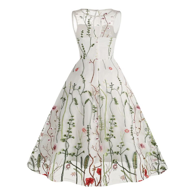 Women Casual Sleeveless Embroidery Mesh Floral Print Maxi Long Dress White