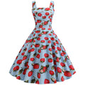 Women Cherries Strawberry Print Vintage Prom Dress Sleeveless 1950s Party Dress Blue