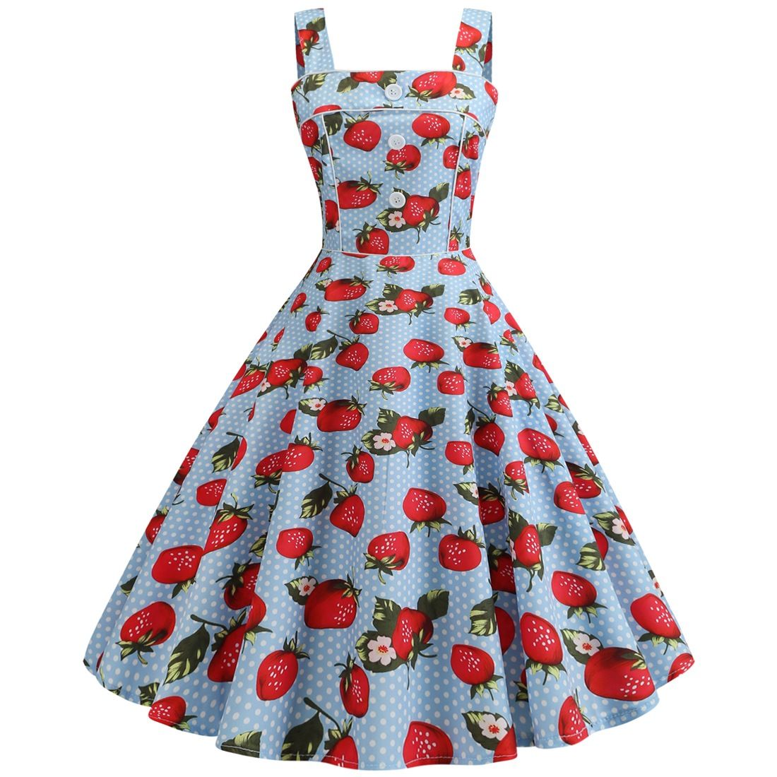 Women Cherries Strawberry Print Vintage Prom Dress Sleeveless 1950s Party Dress Blue