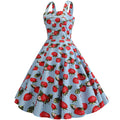 Women Cherries Strawberry Print Vintage Prom Dress Sleeveless 1950s Party Dress Blue