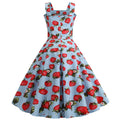 Women Cherries Strawberry Print Vintage Prom Dress Sleeveless 1950s Party Dress Blue