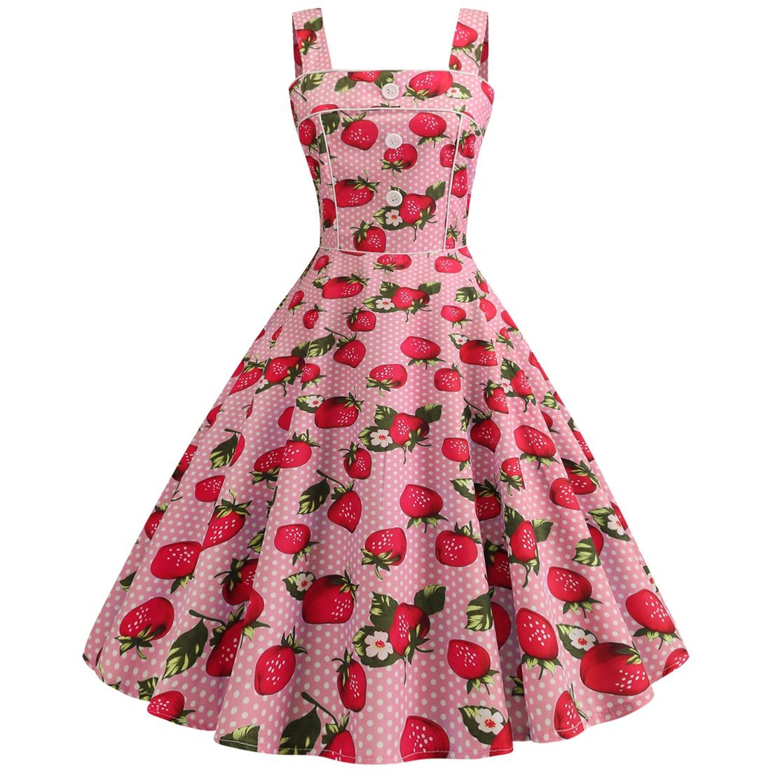 Women Cherries Strawberry Print Vintage Prom Dress Sleeveless 1950s Party Dress Pink