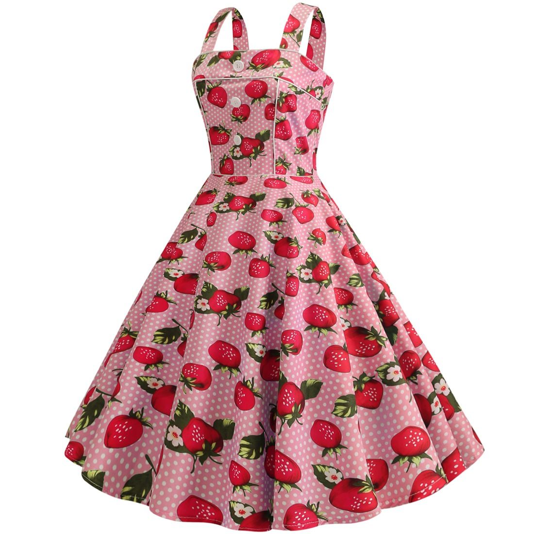 Women Cherries Strawberry Print Vintage Prom Dress Sleeveless 1950s Party Dress Pink